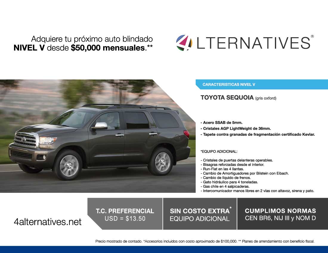 Toyota Sequoia Limited 2014 Con Blindaje Nivel V. toyota blindada, camioneta blinada, blindaje de camionetas, blindajes, vehiculos blindados, blindajes de mexico, blindaje centigon